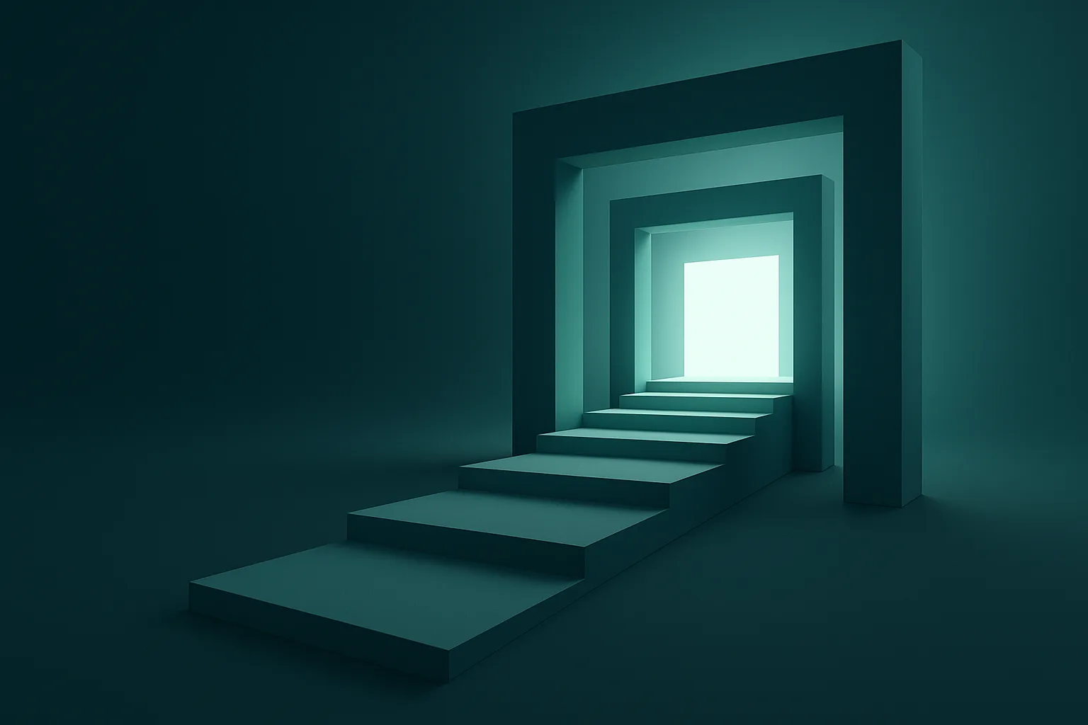 Broad steps rising through open gateways toward a horizon