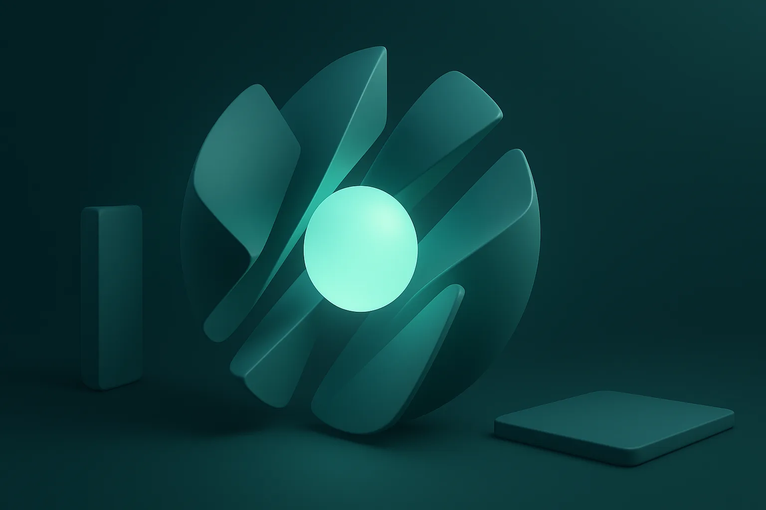 Six surfaces converging on one glowing core