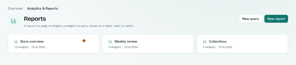 The Reports page with report cards
