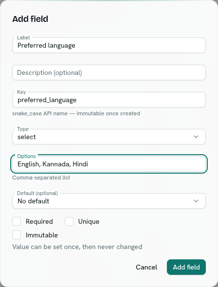 The Add field dialog