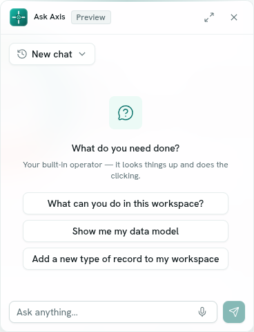 The Ask Axis chat panel open over a workspace page