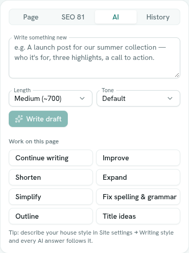 The AI tab with Write draft and the task buttons