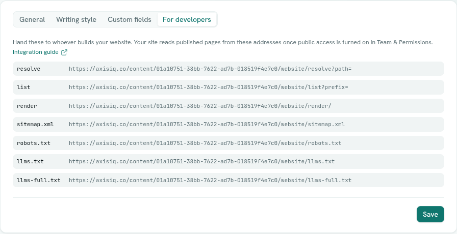 The For developers tab listing the addresses a site reads from