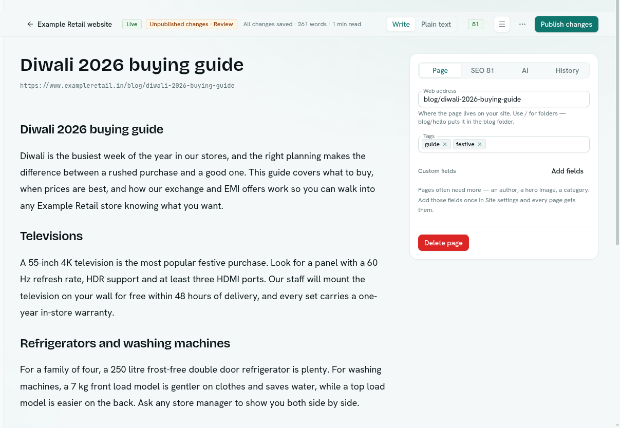 The page editor with the inspector open