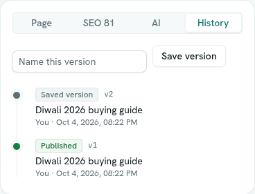 The History tab with saved versions and publishes
