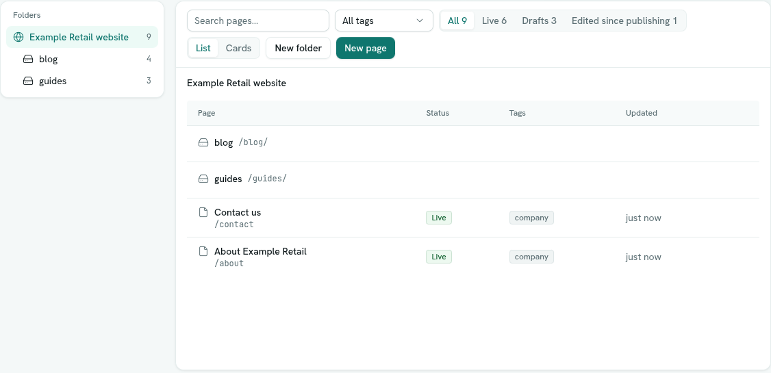 The Pages explorer with the folder tree and a page list