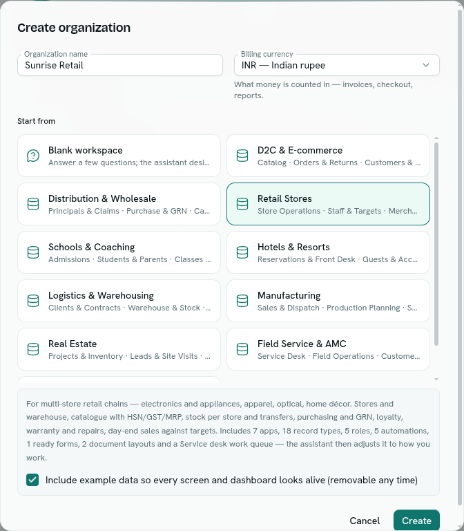 The Create organization dialog