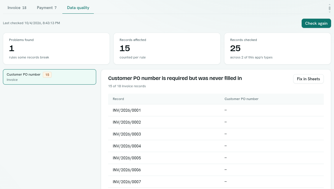 The Data quality tab with results
