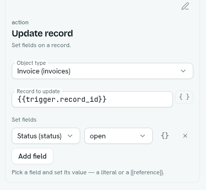 Update record block settings with a field picker and value