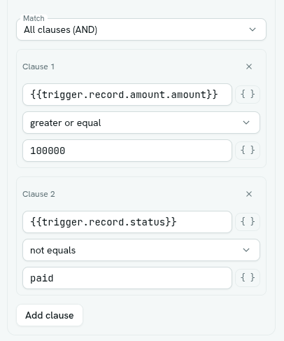 Condition block settings with two clauses