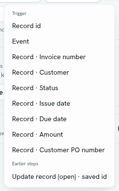 Insert value menu listing trigger fields and earlier step results
