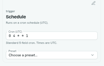 dark:/content/019f8371-84f5-7379-936b-d52714b21934/assets/2026/10/01a10796-docs-flows-trigger-schedule.dark.png Schedule trigger settings with a cron field and presets