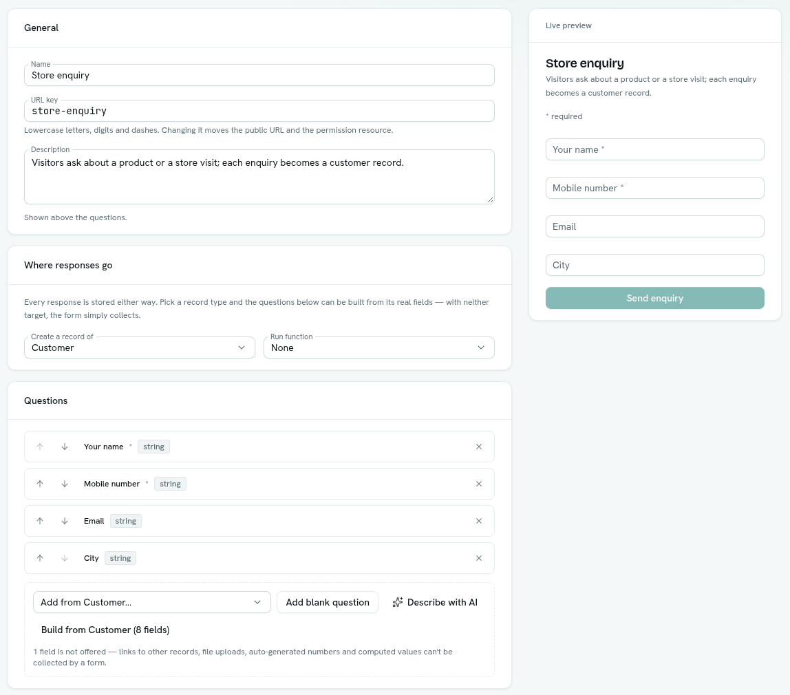 dark:/content/019f8371-84f5-7379-936b-d52714b21934/assets/2026/10/01a10796-docs-forms-builder.dark.png Form builder with questions on the left and a live preview on the right