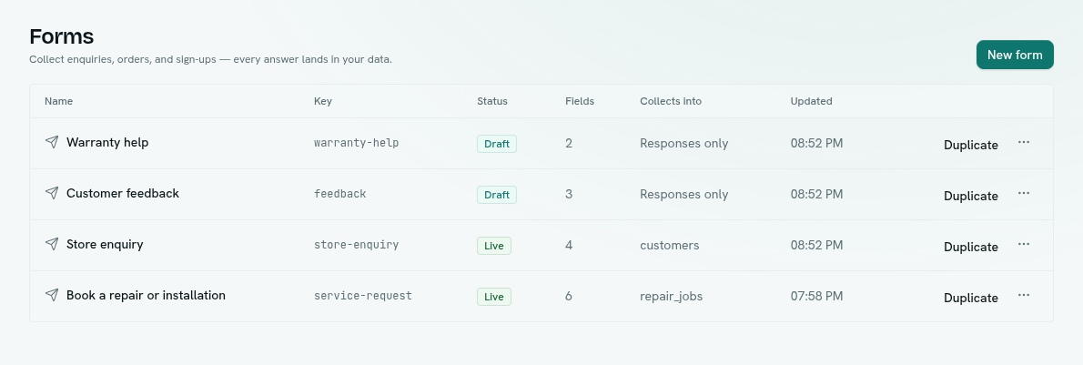 Forms list showing Live and Draft forms