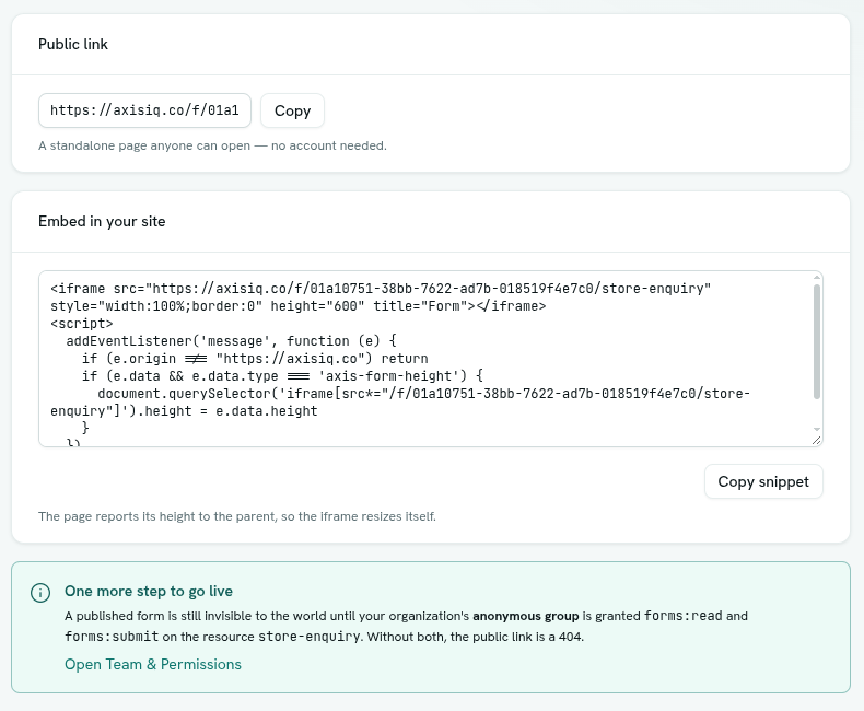 dark:/content/019f8371-84f5-7379-936b-d52714b21934/assets/2026/10/01a10796-docs-forms-share-tab.dark.png Share tab with public link, embed snippet and the permission notice