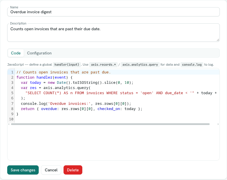 Function editor on the Code tab