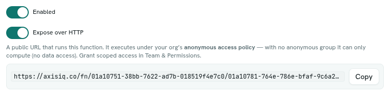 Expose over HTTP switch with the public address and Copy button
