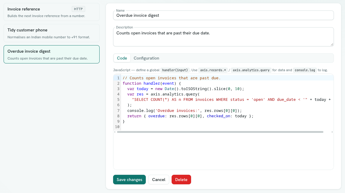 Functions list beside the function editor