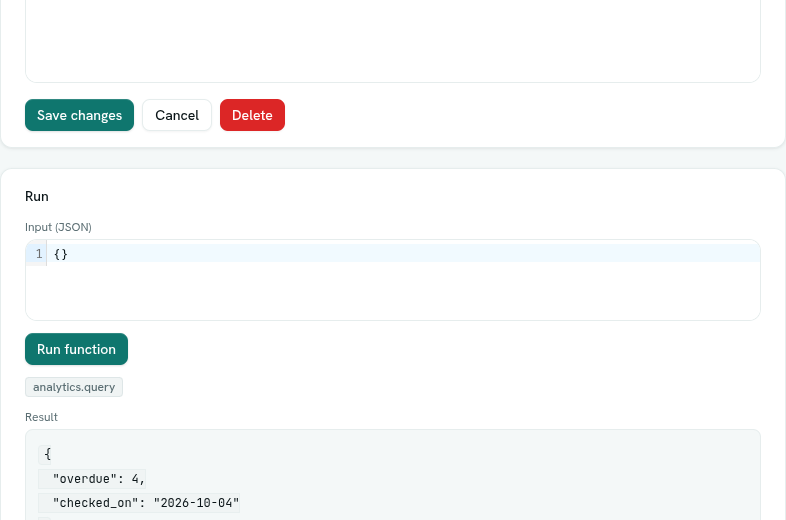 Run panel showing a function result, logs and duration