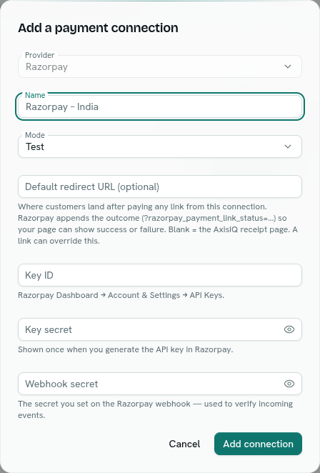 The Add a payment connection dialog