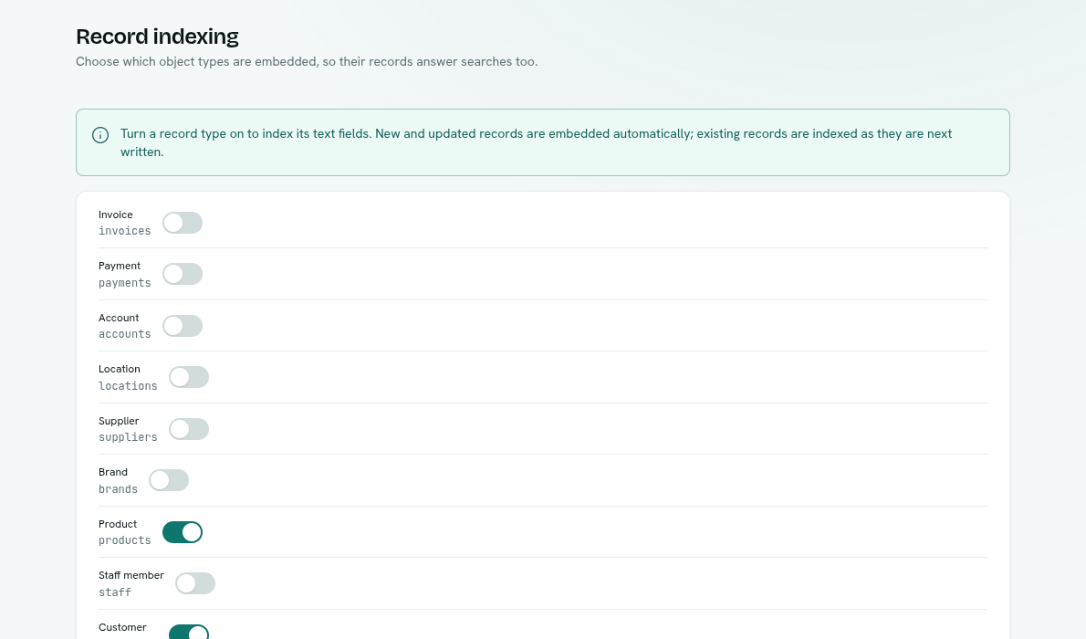 Record indexing toggles