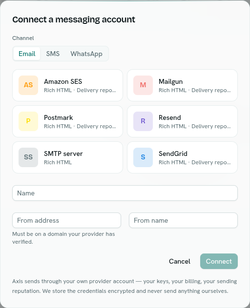 The Connect a messaging account dialog