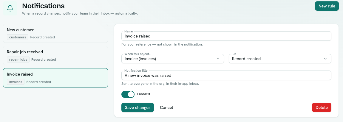 The Notifications app with a rule open