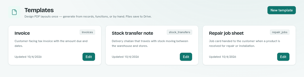 The Templates app showing template cards