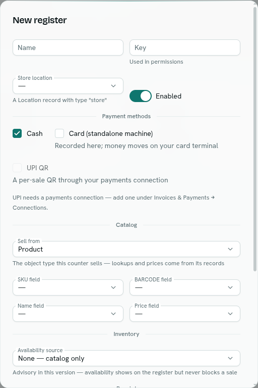 The New register dialog