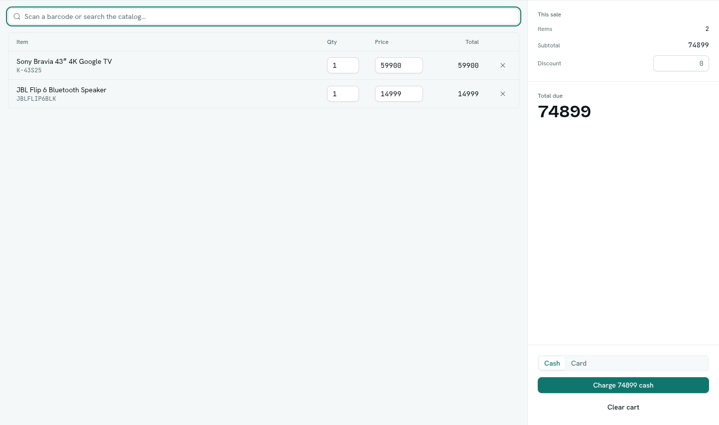The full-screen register with a cart and the Total due panel