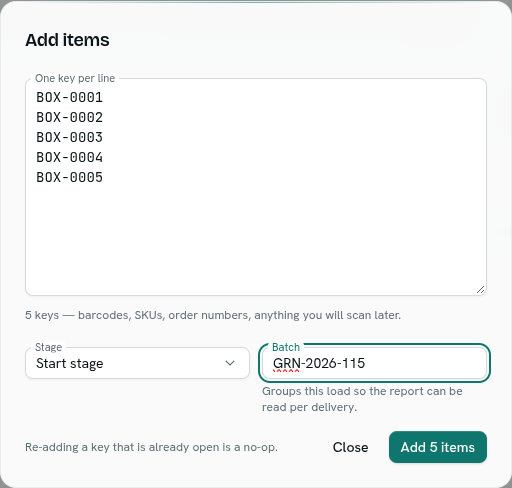 Add items dialog with a pasted manifest