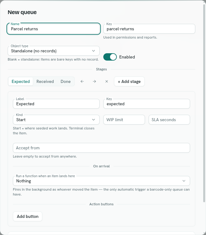 dark:/content/019f8371-84f5-7379-936b-d52714b21934/assets/2026/10/01a10796-docs-queues-new-modal.dark.png New queue dialog with the default Expected, Received and Done stages