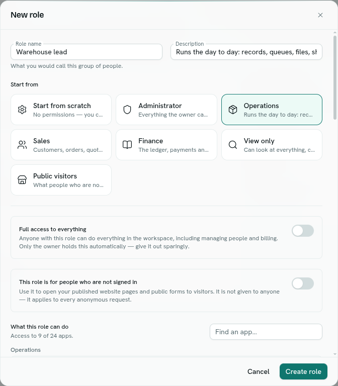 The role editor with templates and the app list
