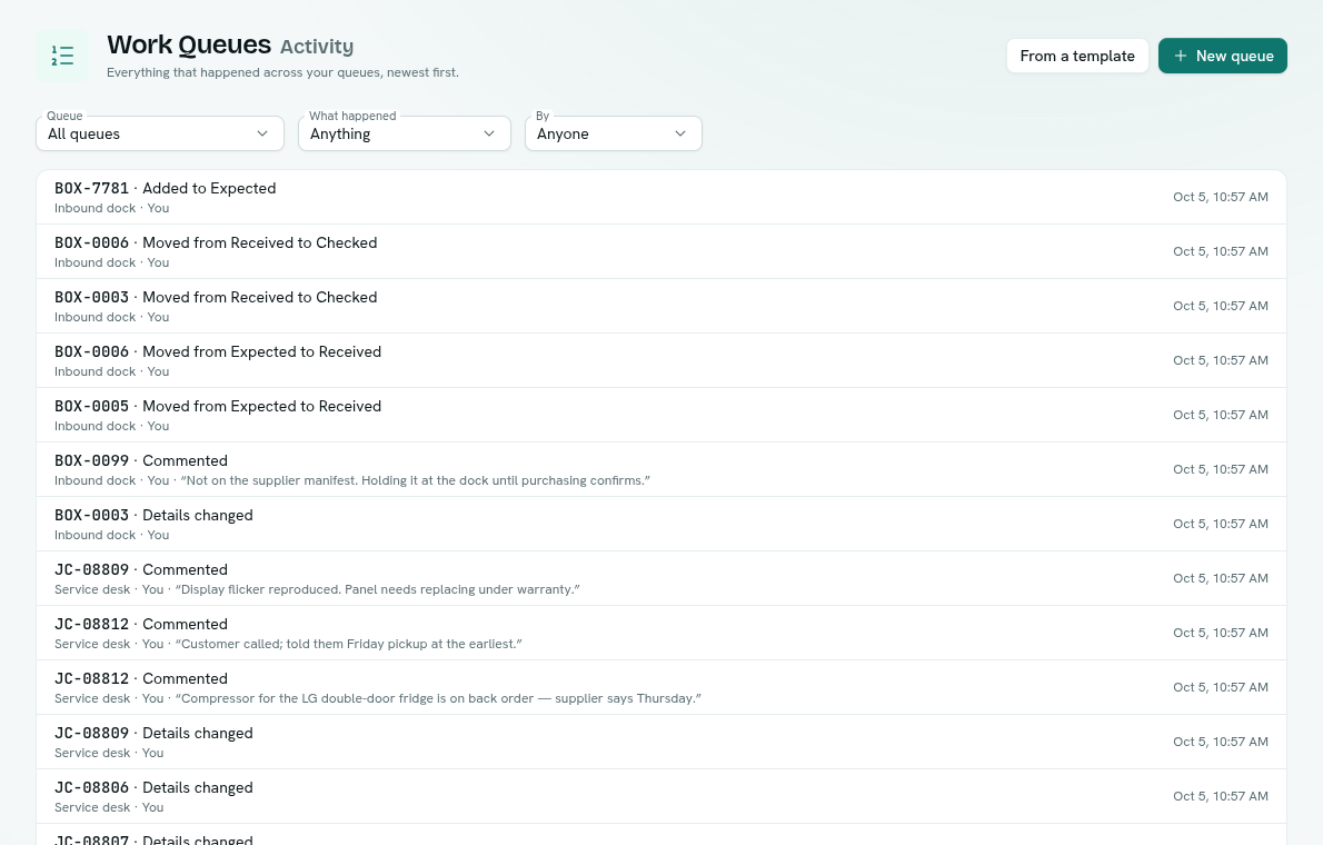 Activity feed with filters for queue, what happened and who did it