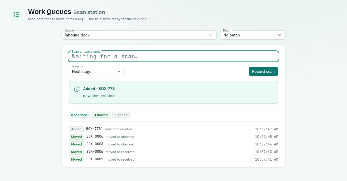 Scan station with the last scan's result, session counts and a log of scans