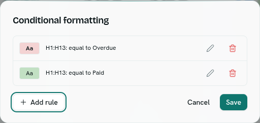 Conditional formatting rules for Overdue and Paid