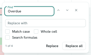 The Find and replace panel showing 1 of 4 matches