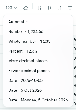 The number format menu
