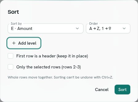 The Sort dialog with a sort level, header and selected-rows options
