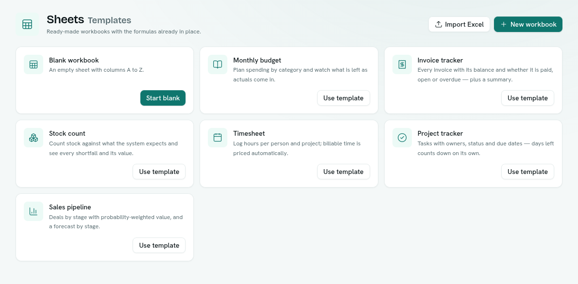 The Templates gallery: Blank workbook and six templates