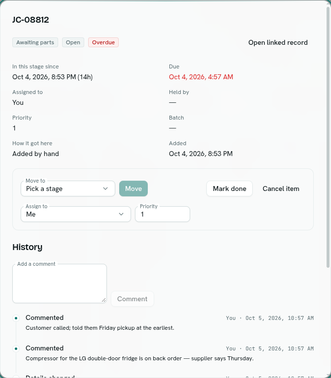 Item window with its facts, the move and assign controls, and its history with comments