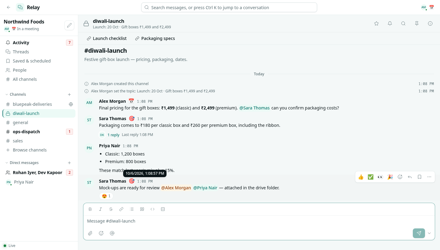 Hovering a message shows quick reactions, reply, save and more actions