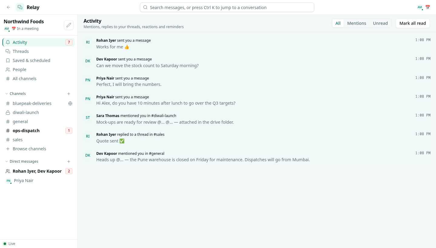 The Activity list with direct messages, mentions and a thread reply