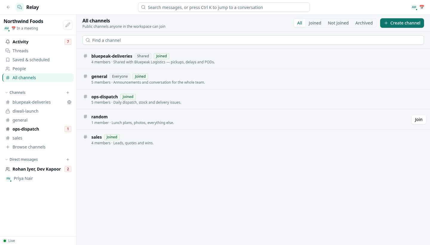 All channels with Joined and Shared badges and a Join button