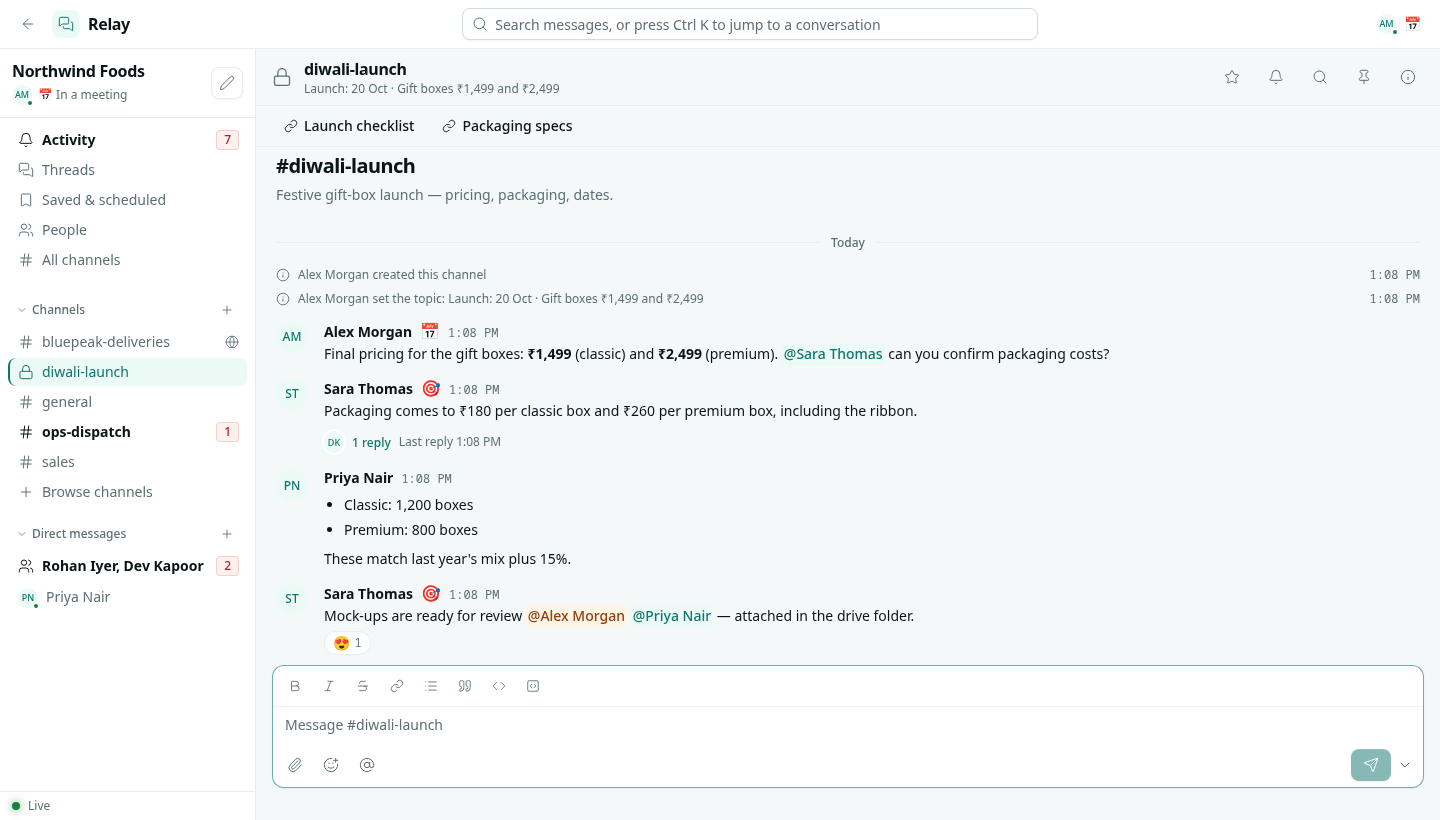 A Relay channel with messages, mentions, a thread summary and reactions
