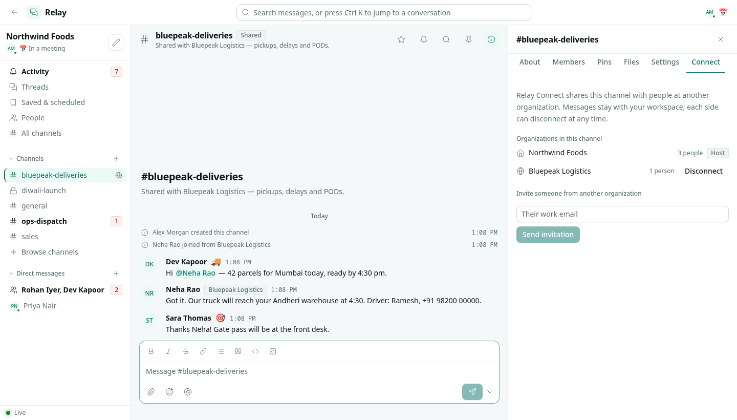 A shared channel showing both organizations on the Connect tab