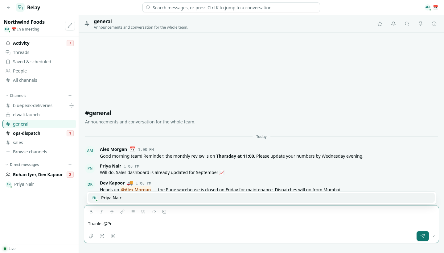 Typing @Pr in the message box shows matching people