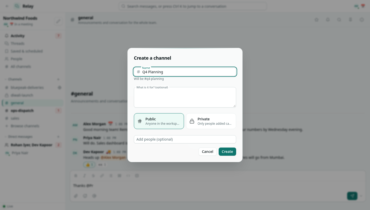 The Create a channel dialog with a name, Public and Private choices and Add people