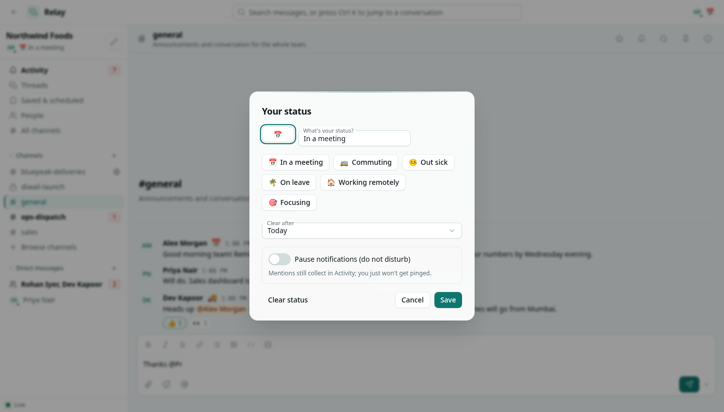 The Your status dialog with suggestions, Clear after and do not disturb