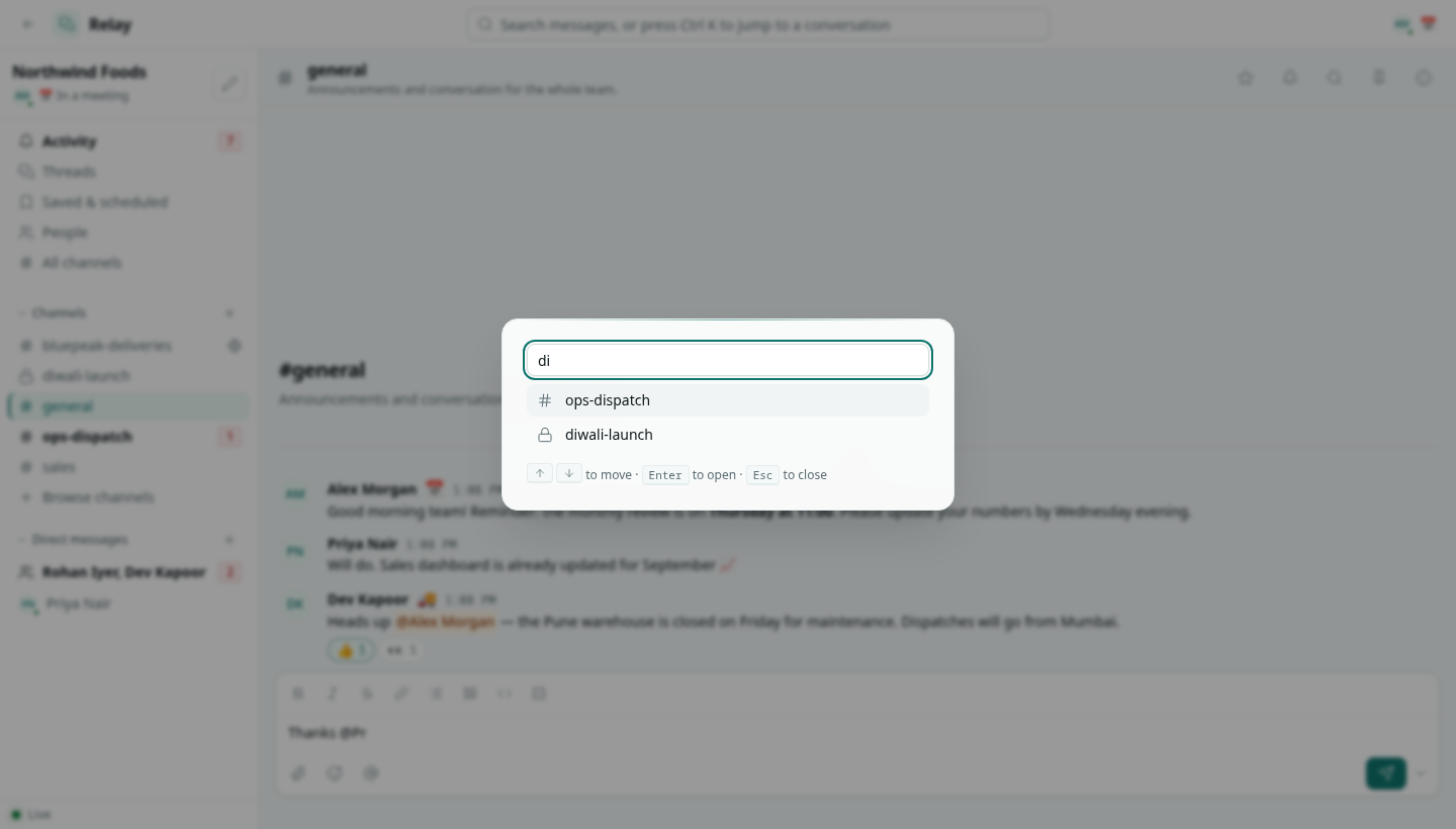 The quick switcher listing channels that match "di"